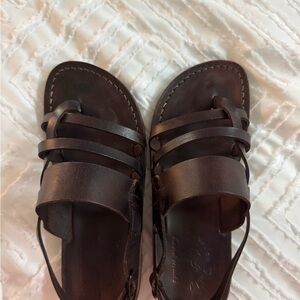 Brown Leather Strappy Slide Sandals